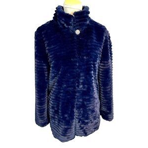 Frank Lyman Design Navy Faux‎ Fur Coat Fully Lined Rhinestone Button Lg